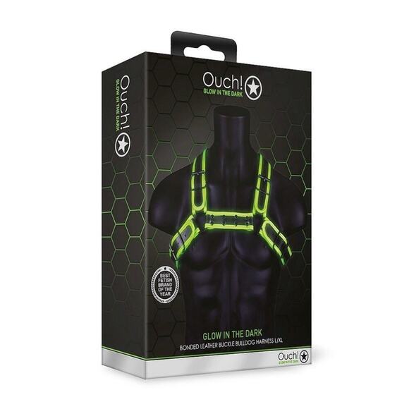 🦋B2G1🦋OUCH Glow In The Dark NEON GREEN Bonded Leather Buckle Bulldog Harnes L/XL - Picture 4 of 6